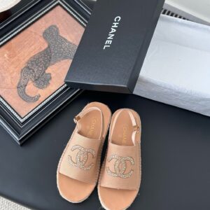 Chanel Women Beige Canvas Crystal Logo Sandals