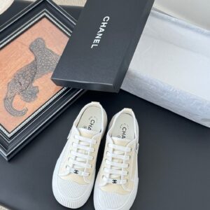 Chanel Women White Canvas Lace-Up Sneakers