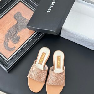 Chanel Women Beige Woven Fabric Slides