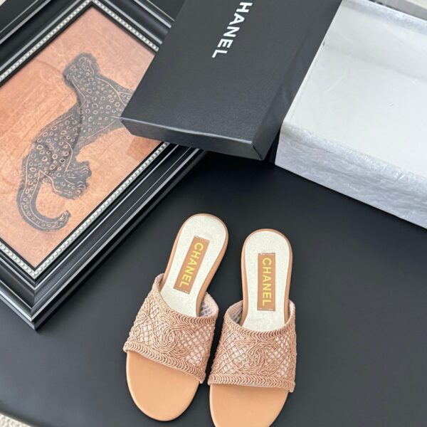 Chanel Women Beige Woven Fabric Slides