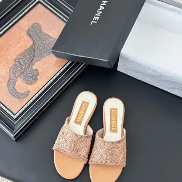 Chanel Women Beige Woven Fabric Slides