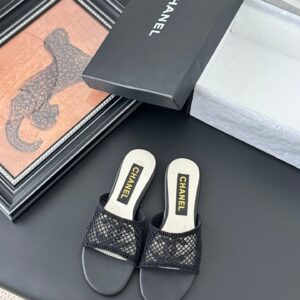 Chanel Women Black Mesh Slide Sandals