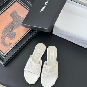 Chanel Women White Lace Mesh Slides