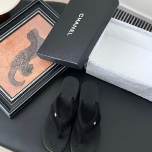 Chanel Women Black Fabric Strap Flip Flop Sandals