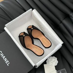 Chanel Women Black Mesh Logo Slide Sandals