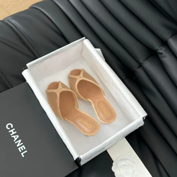 Chanel Women Beige Leather Slides