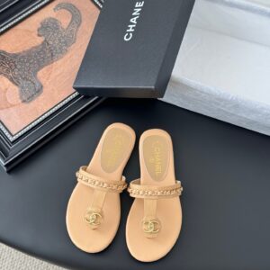 Chanel Women Beige Leather Slides
