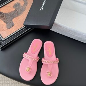 Chanel Women Pink Leather Slides With Gold Chain