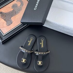Chanel Women Black Leather Chain Detail Sandals