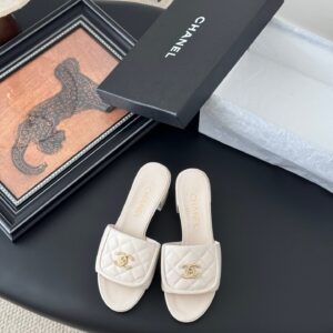 Chanel Women Ivory Quilted Leather Mules