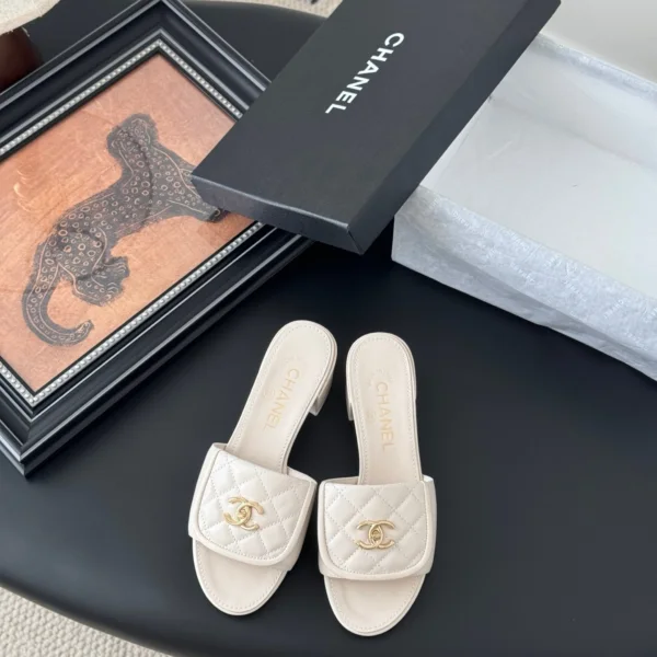 Chanel Women Ivory Quilted Leather Mules