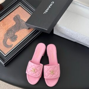 Chanel Women Pink Quilted Leather Mules