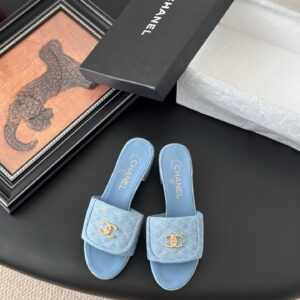 Chanel Women Light Blue Quilted Fabric Slides