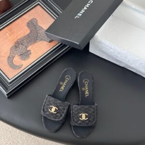 Chanel Women Black Quilted Fabric Slides