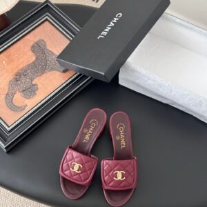Chanel Women Burgundy Quilted Leather Mules