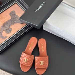 Chanel Women Brown Quilted Leather Slides