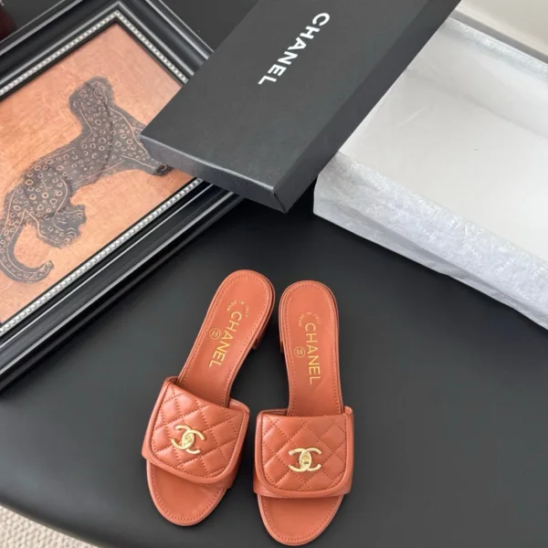 Chanel Women Brown Quilted Leather Slides