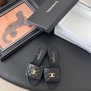 Chanel Women Black Quilted Leather Slides