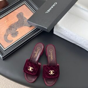 Chanel Women Burgundy Velvet Slides