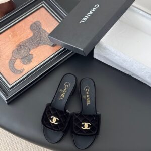 Chanel Women Black Quilted Velvet Slides