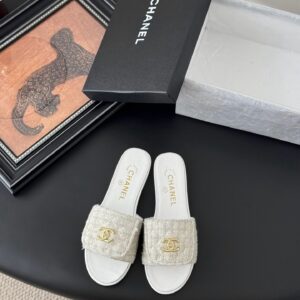 Chanel Women Beige Tweed Slides