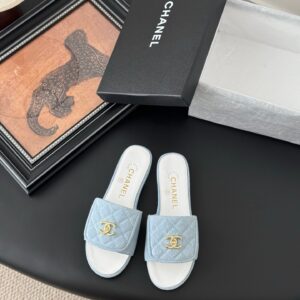 Chanel Women Light Blue Quilted Fabric Slides