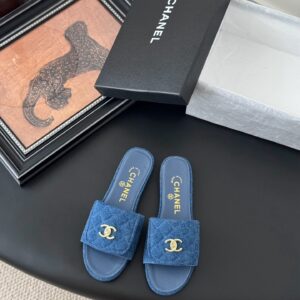 Chanel Women Blue Denim Slides