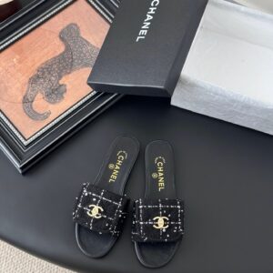 Chanel Women Black Tweed Leather Slides