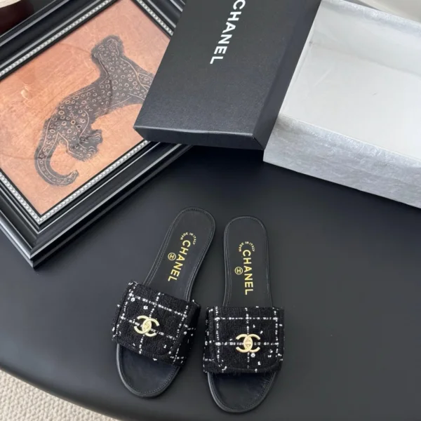 Chanel Women Black Tweed Leather Slides