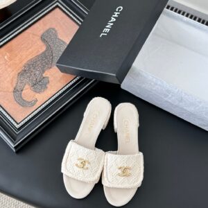 Chanel Women Cream Tweed Slides