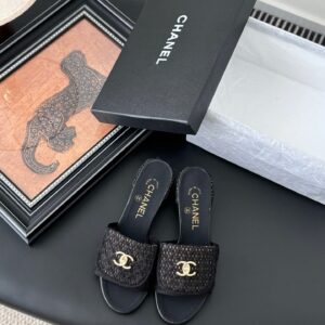 Chanel Women Black Woven Leather Slides