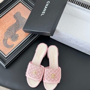 Chanel Women Pink Woven Leather Slides
