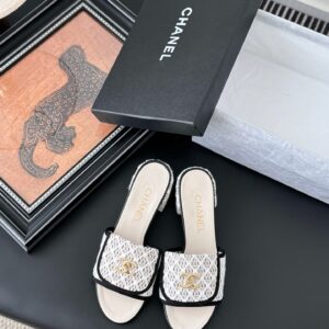 Chanel Women White Fabric Black Trim Slides