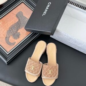 Chanel Women Beige Fabric Mules Slides