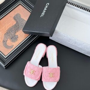 Chanel Women Pink Tweed Slides