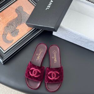 Chanel Women Burgundy Velvet Slides