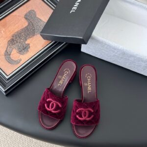 Chanel Women Burgundy Velvet Slide Sandals