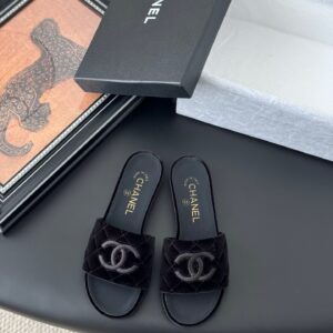Chanel Women Black Velvet Quilted Slides