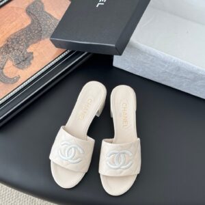 Chanel Women Ivory Quilted Leather Mules