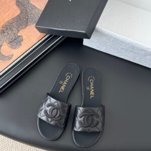 Chanel Women Black Quilted Leather Slides
