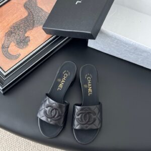 Chanel Women Black Quilted Leather Slides