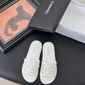 Chanel Women White Woven Leather Slides