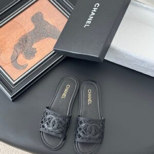 Chanel Women Black Leather Logo Slide Sandals