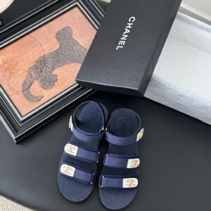 Chanel Women Navy Fabric And Rubber Sandals