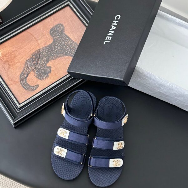 Chanel Women Navy Fabric And Rubber Sandals