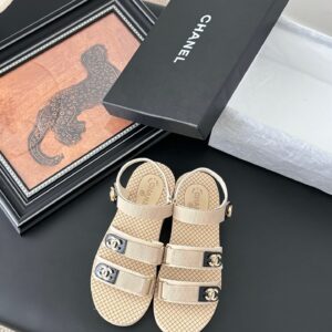 Chanel Women Beige Fabric Logo Strap Sandals
