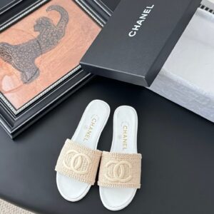 Chanel Women Beige Woven Fabric Slides