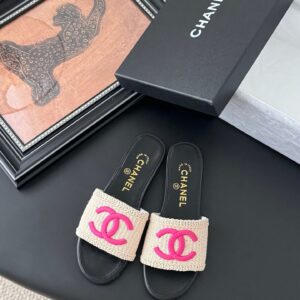 Chanel Women Black Leather And Beige Fabric Slides