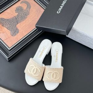 Chanel Women Beige Woven Fabric Slides
