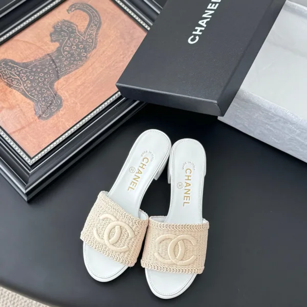 Chanel Women Beige Woven Fabric Slides